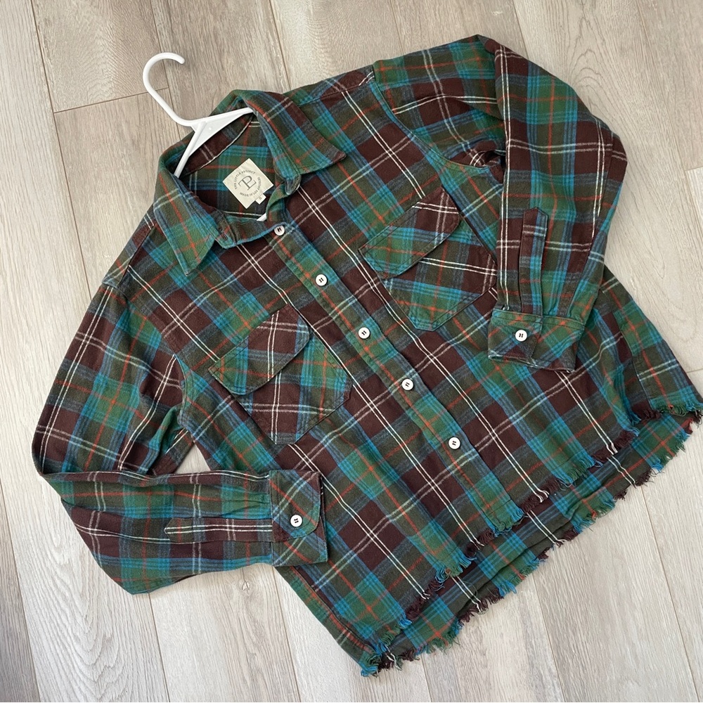 The Little Project Shirt plaid long sleeve flannel womens Teal Brown (small)